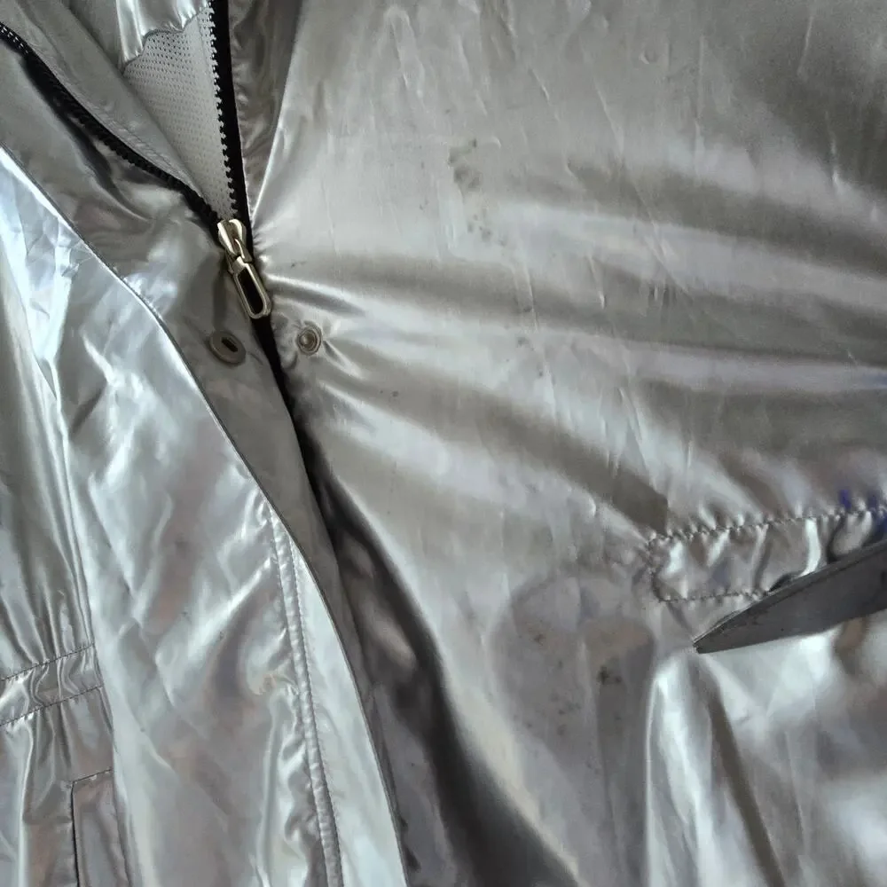 SJYP Silver Long Metallic Raincoat Hooded Womens Size Medium Korean Brand Edgy